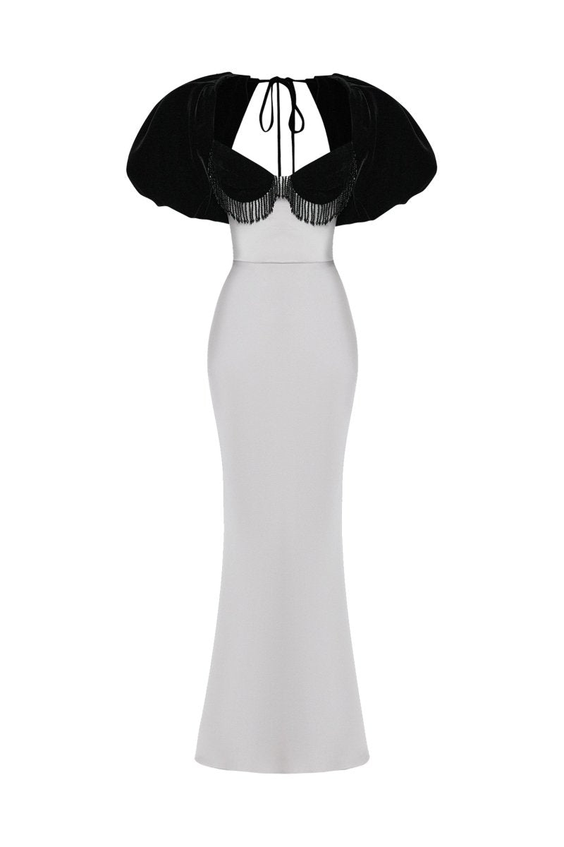 Satin and velvet fringed maxi dress with voluminous sleeves