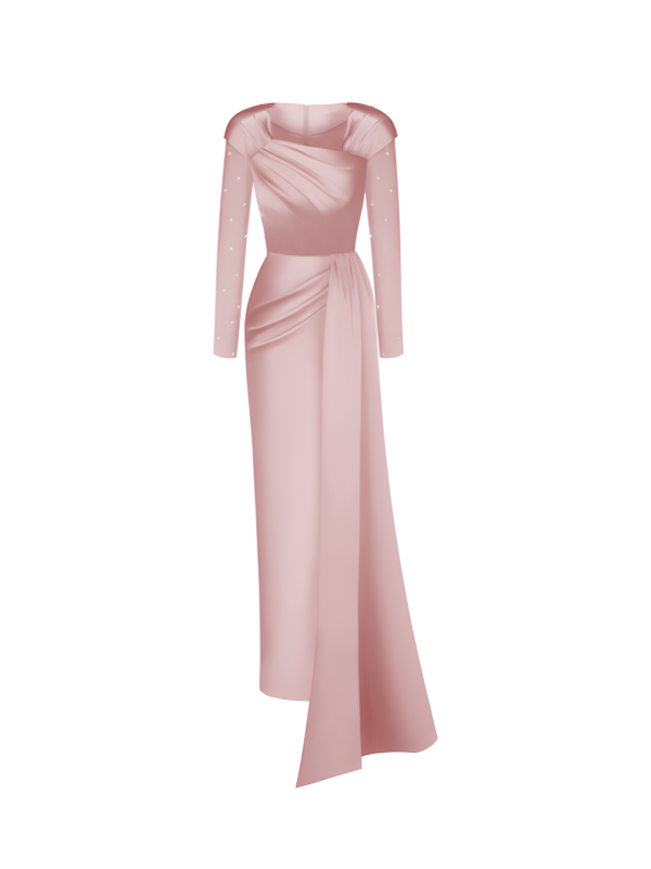 Asymmetric draped satin gown with embroidered sleeves