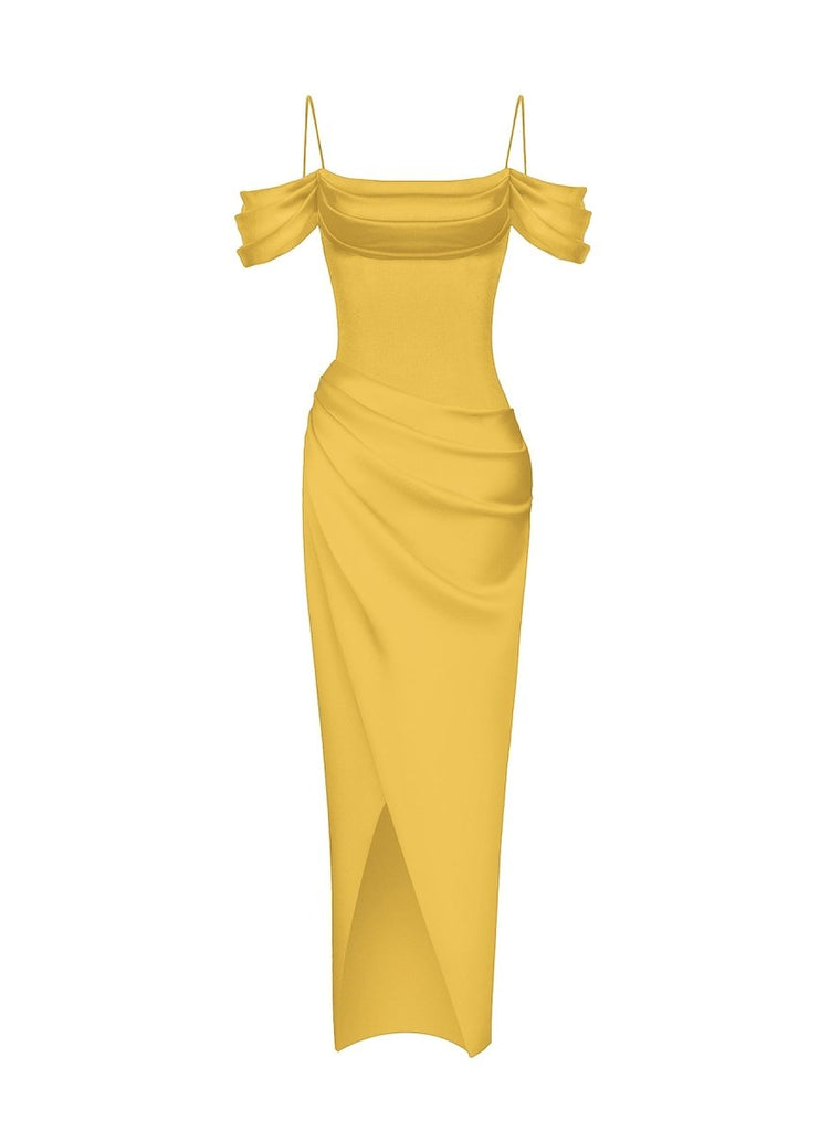 Satin Draped Off-The-Shoulders Long Midi Dress 46 (FR) / Yellow