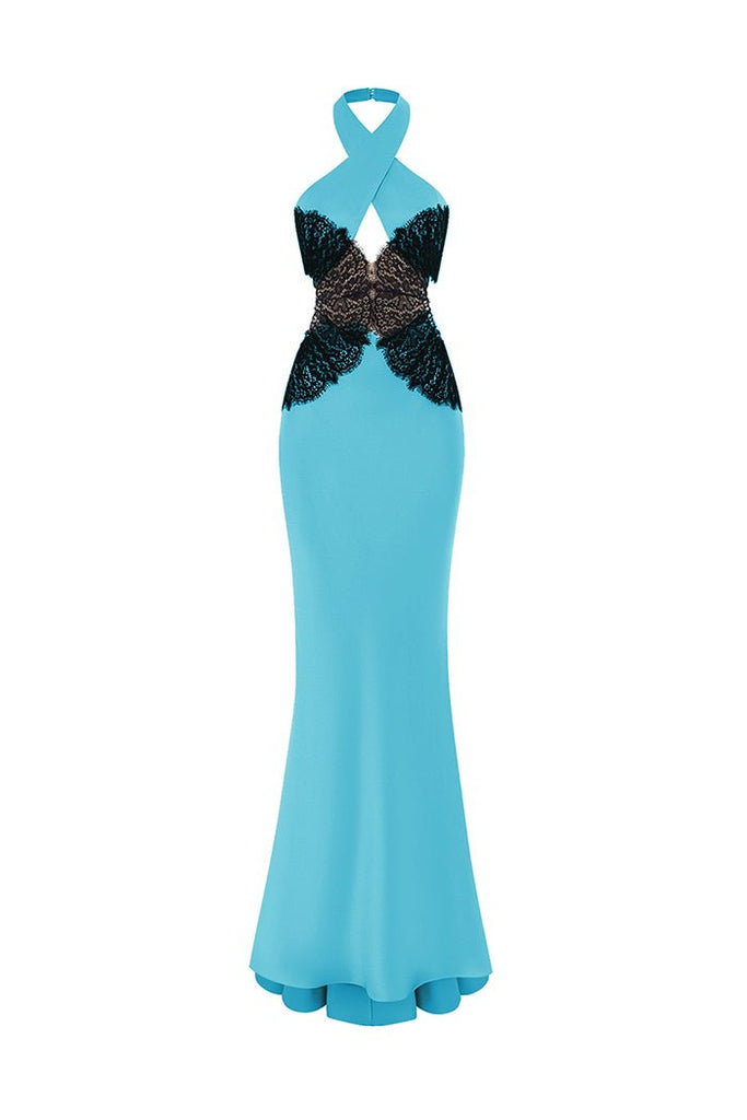 Halterneck Satin and Lace Maxi Dress with Cutouts 46 (FR) / Turquoise /Black