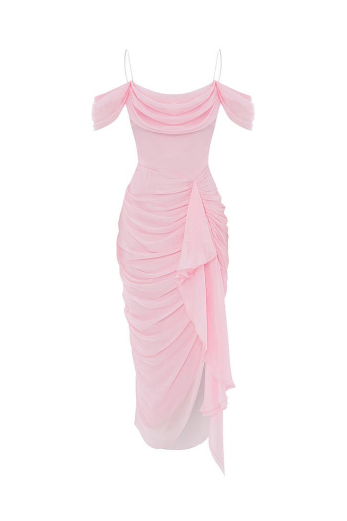 Draped silk chiffon corset midi dress light pink 6D020 – RASARIO Draped silk chiffon corset midi dress light pink 6D020 – RASARIO
