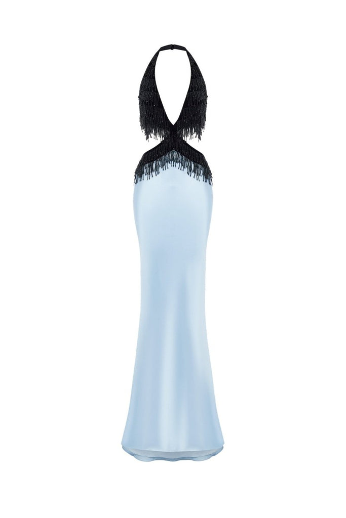 Satin and velvet fringed maxi dress