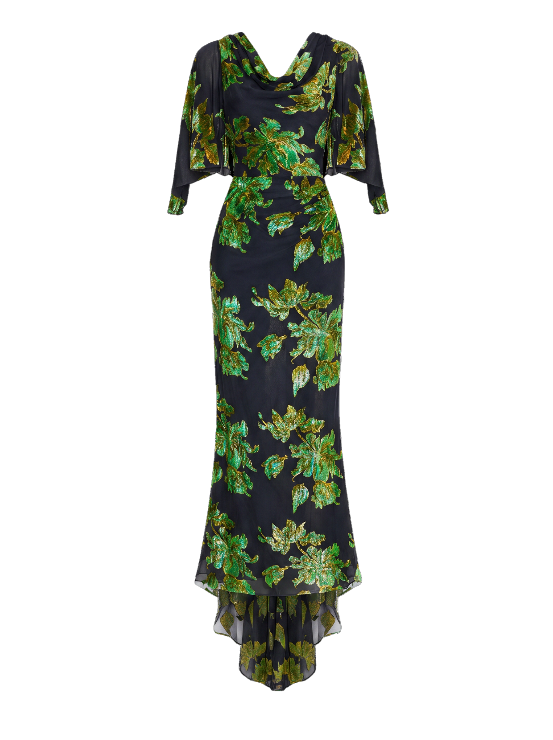 Devoré velvet maxi dress with cowl back and train