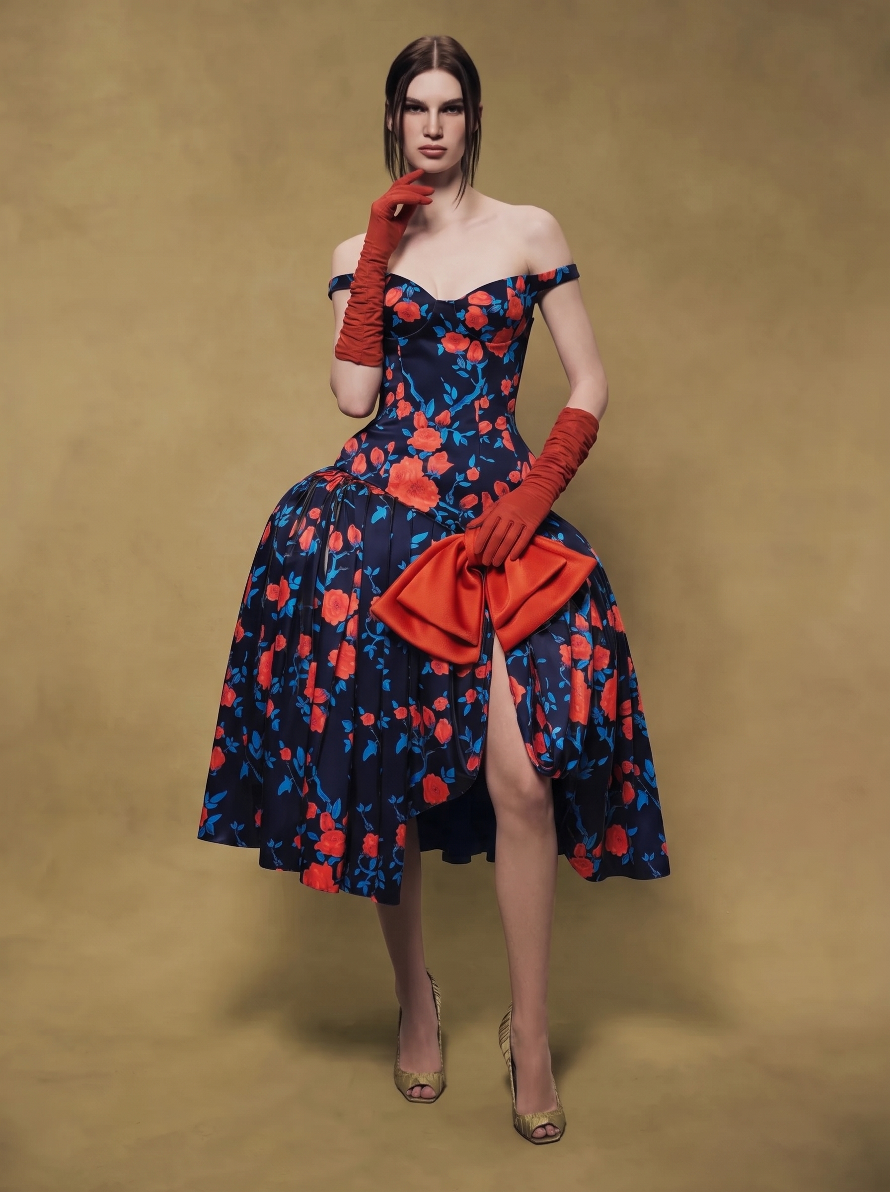 Floral Satin Midi Dress with Sculptural Bow