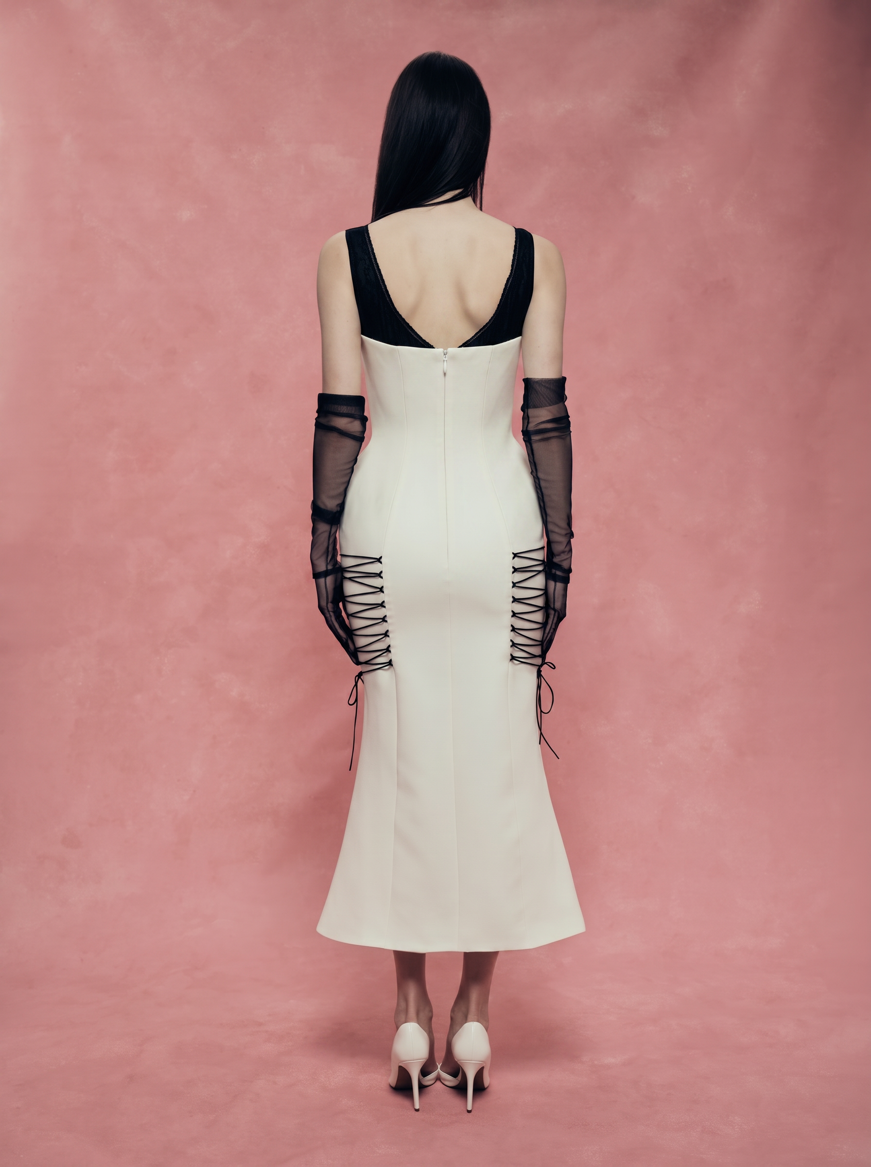Crepe Midi Dress with a Corset Bodice and Lace-Up Detailing
