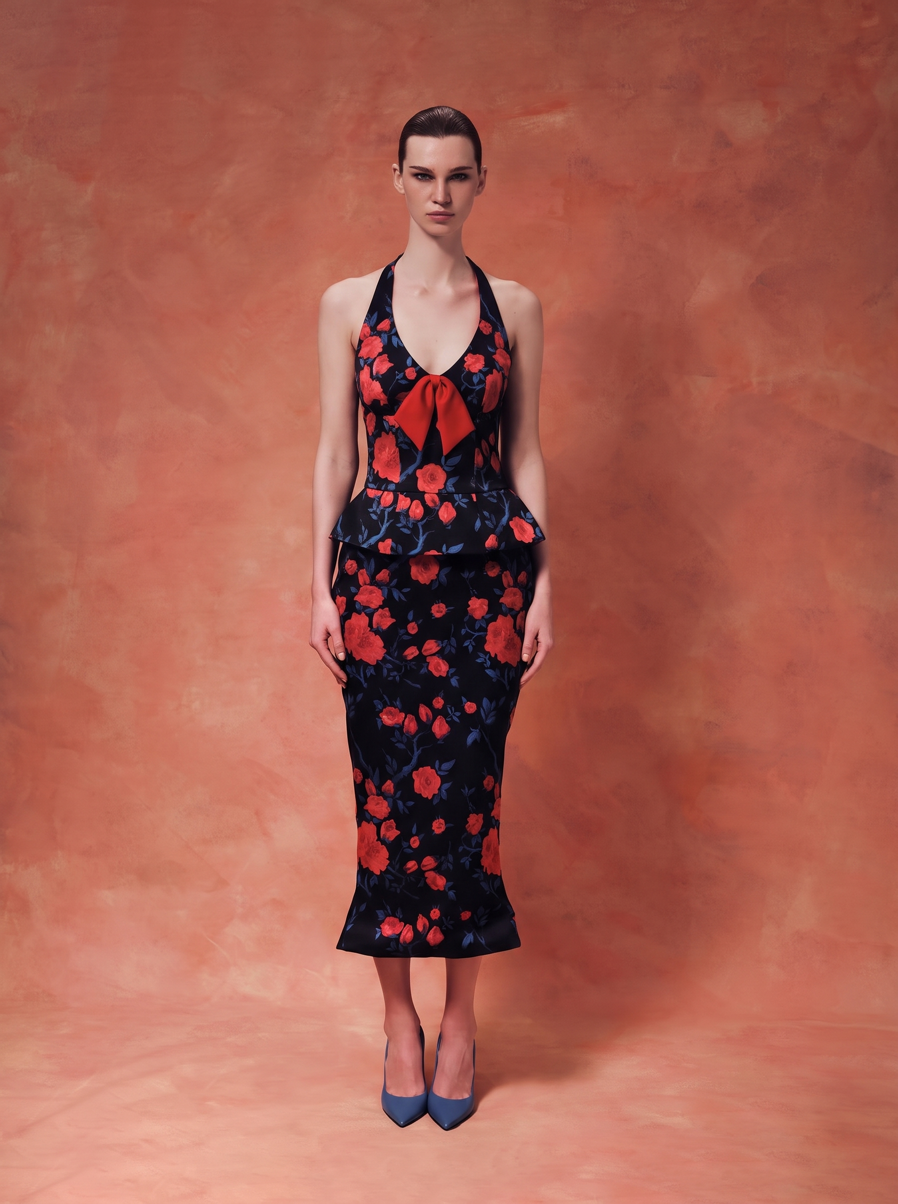 Printed midi dress with open shoulders