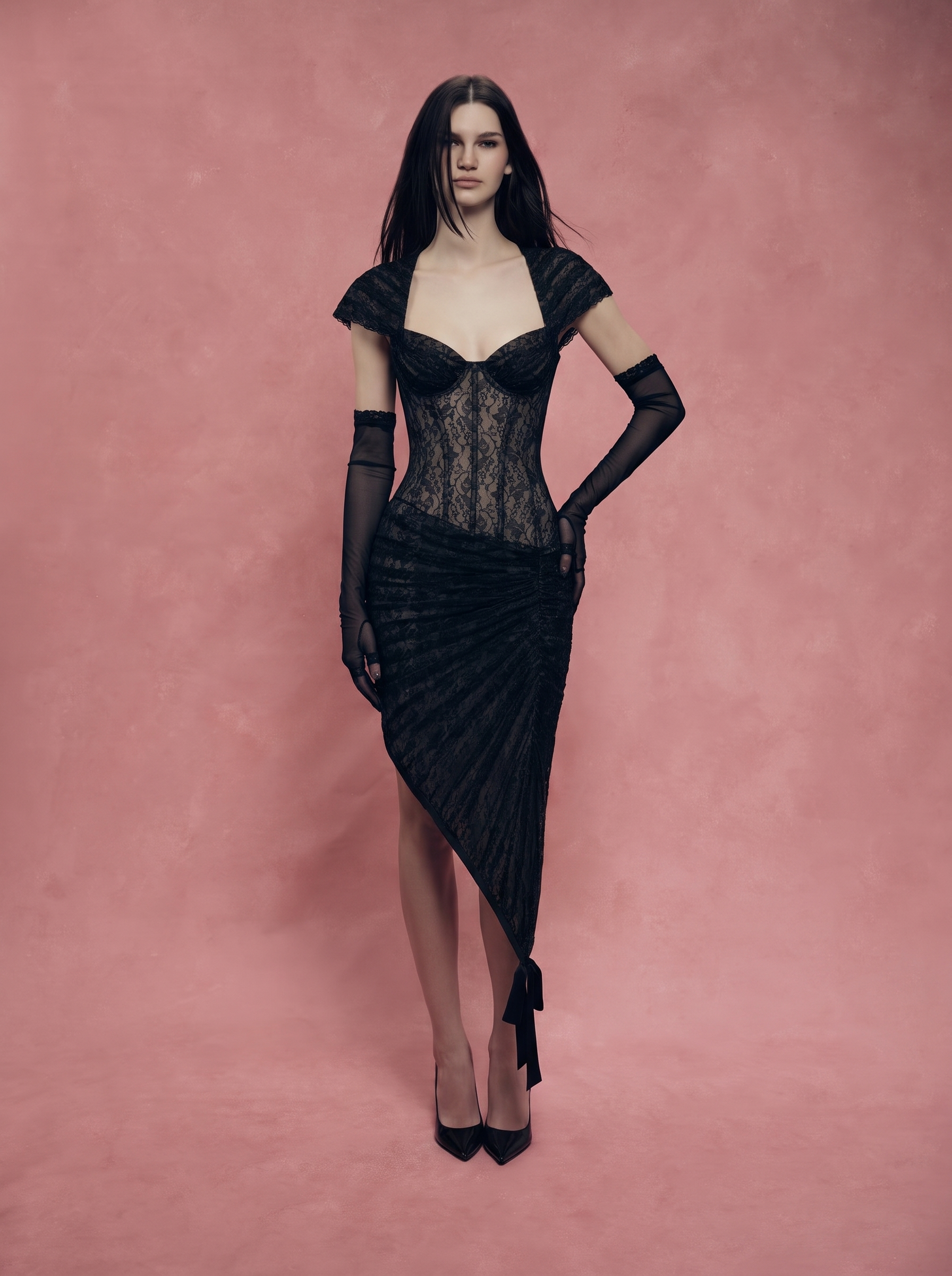 Lace midi dress with a shaped neckline