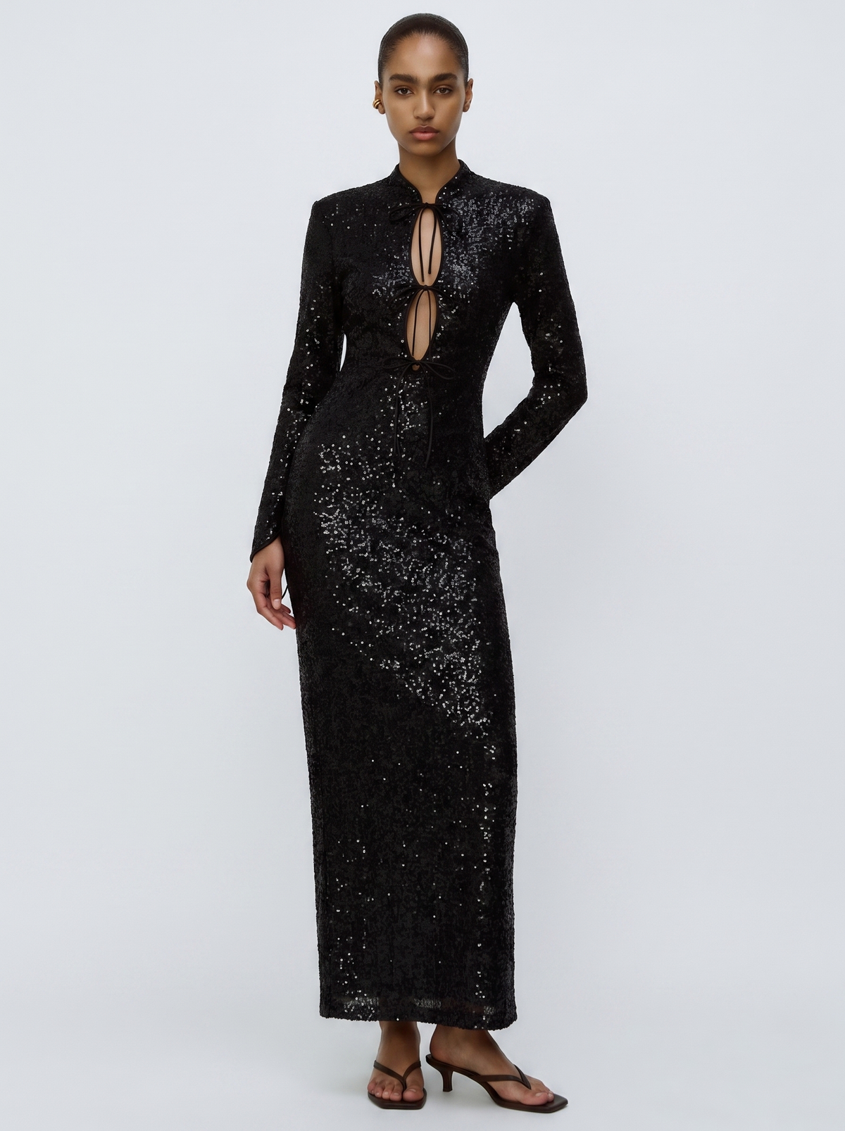 Sequinned long midi dress with cutouts and opened back