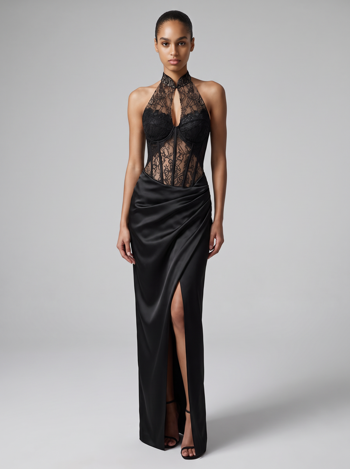 Lace and satin long midi dress