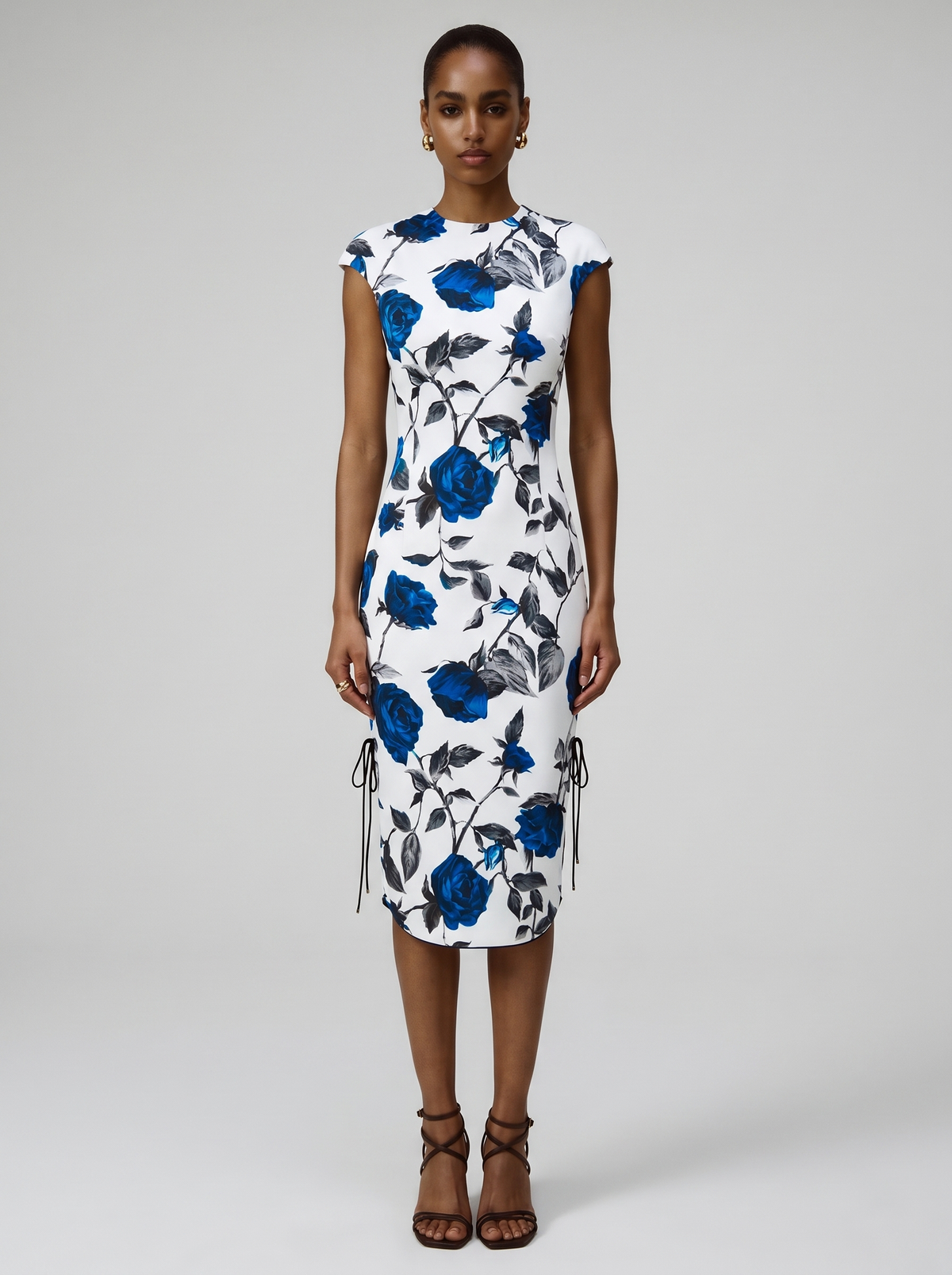 Printed satin long midi dress with an opened back