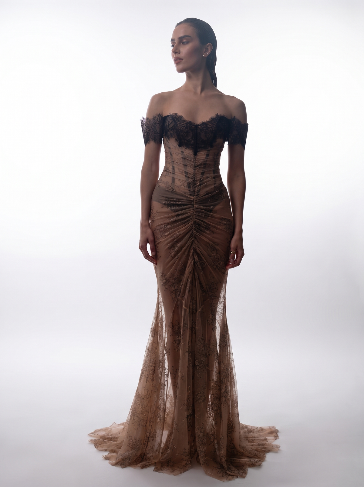 Off-the-shoulder corset lace gown