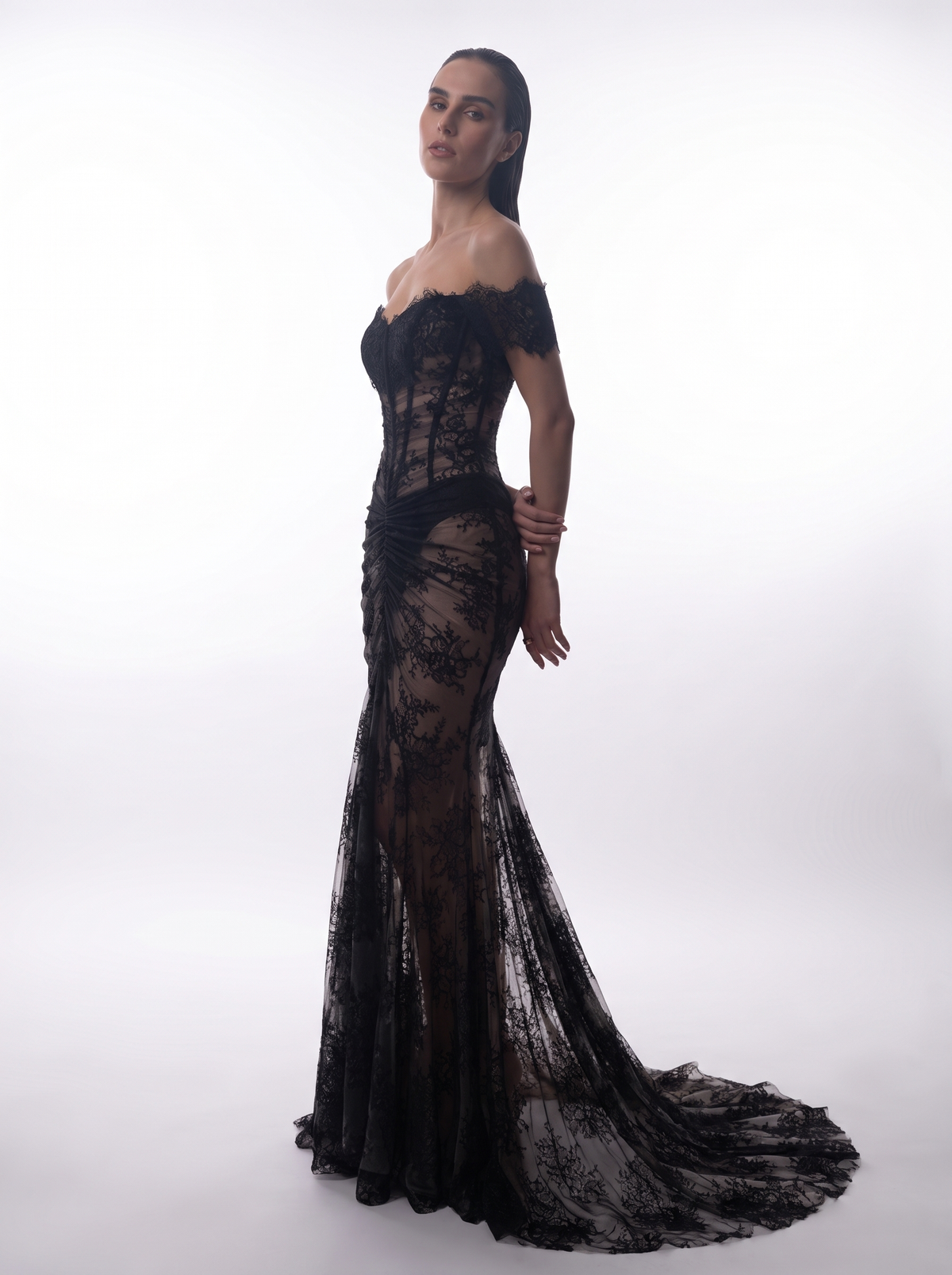 Off-the-shoulder corset lace gown