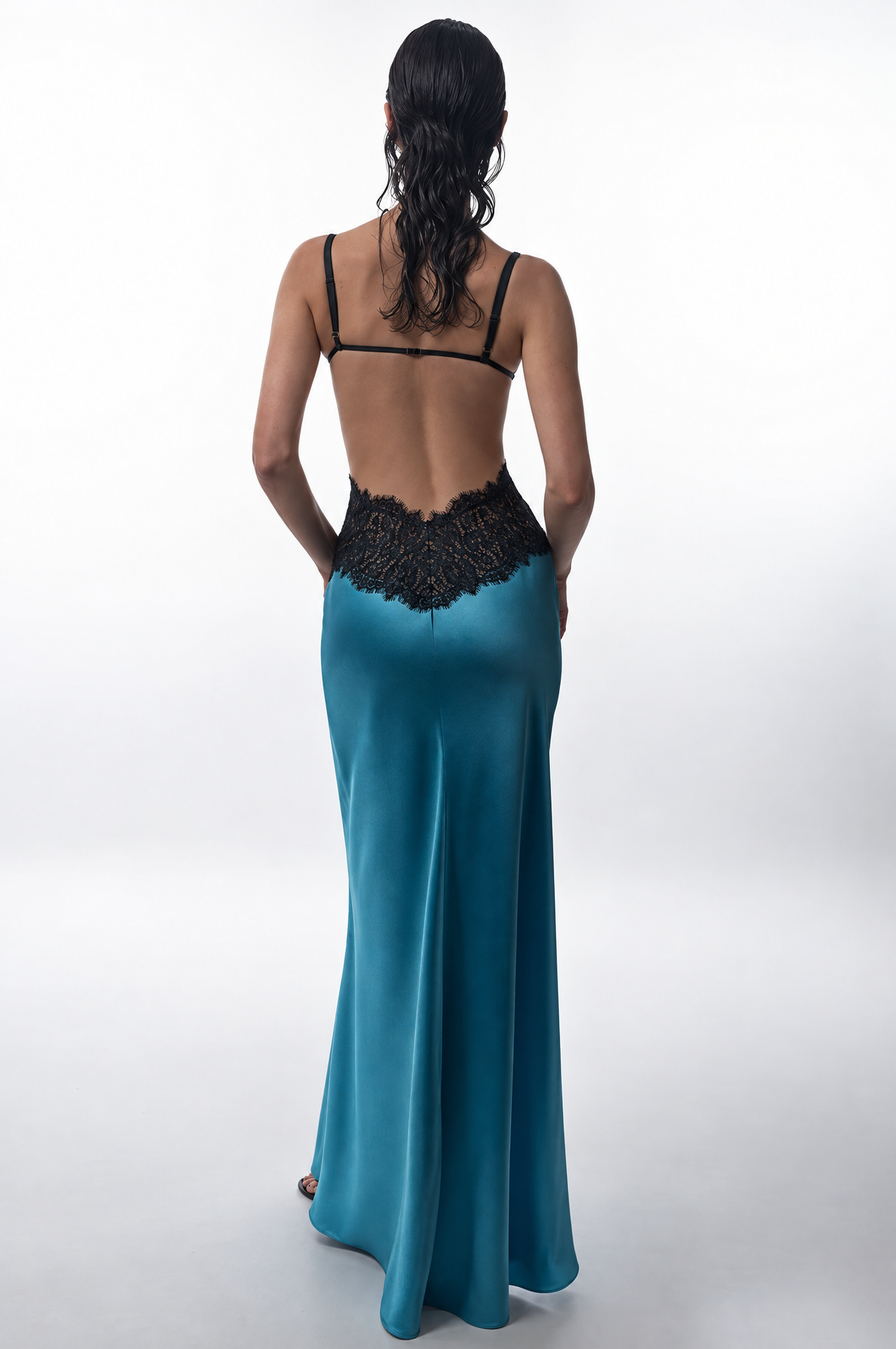 Satin and lace maxi dress with cutouts