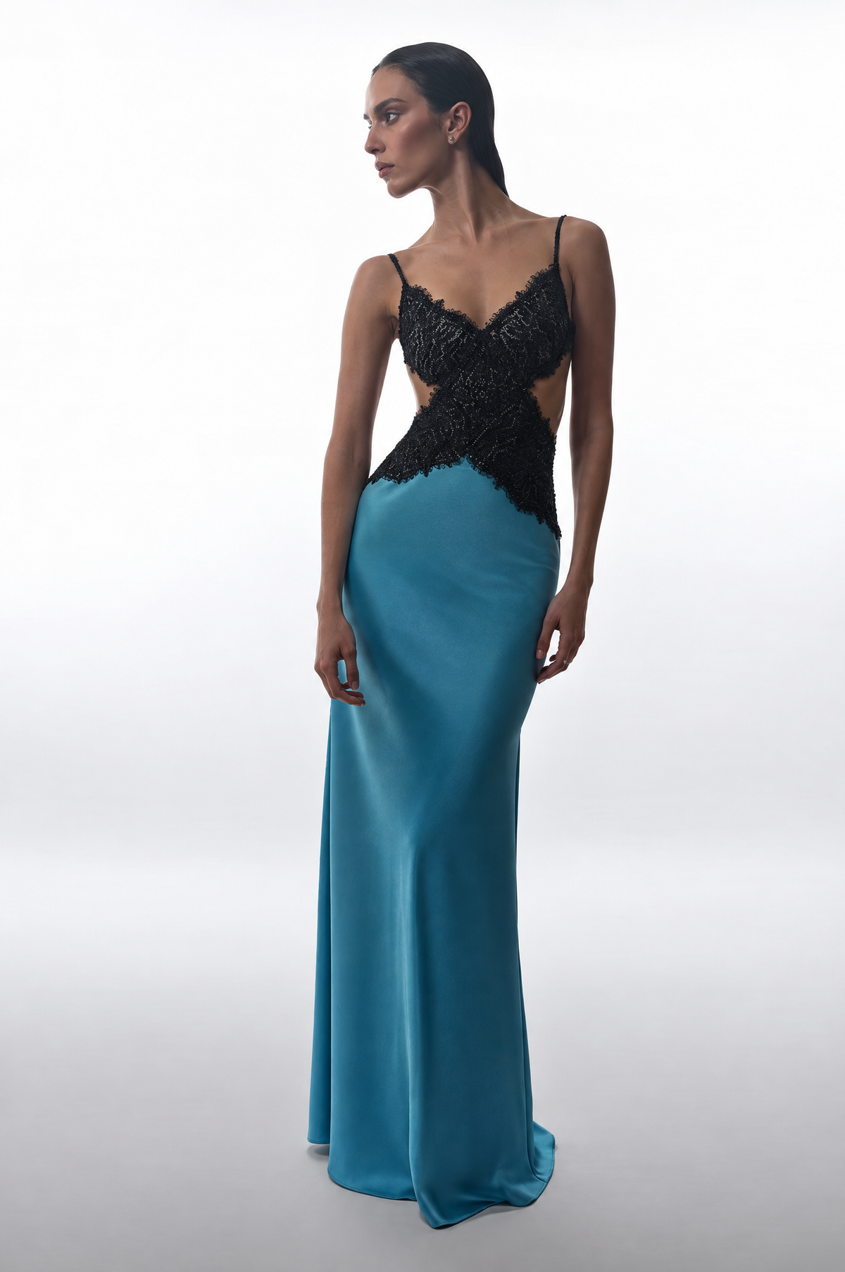 Satin and lace maxi dress with cutouts