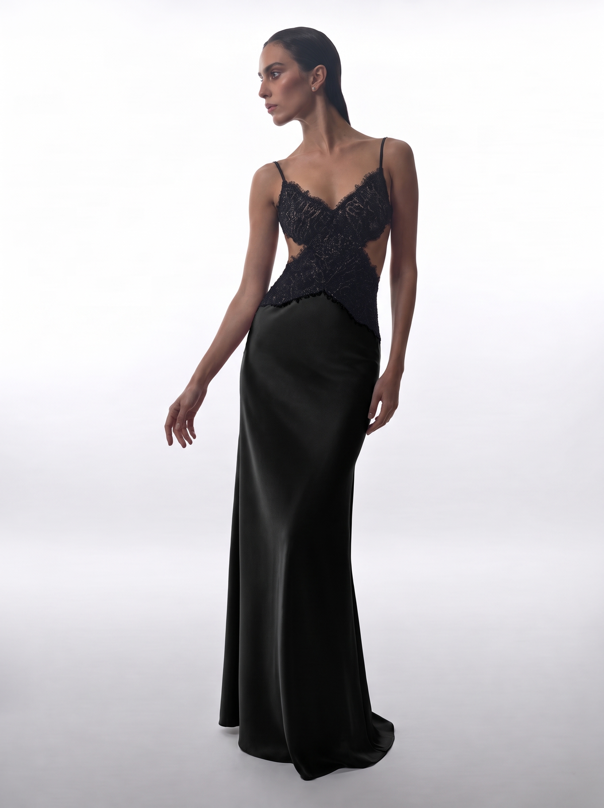 Satin and lace maxi dress with cutouts