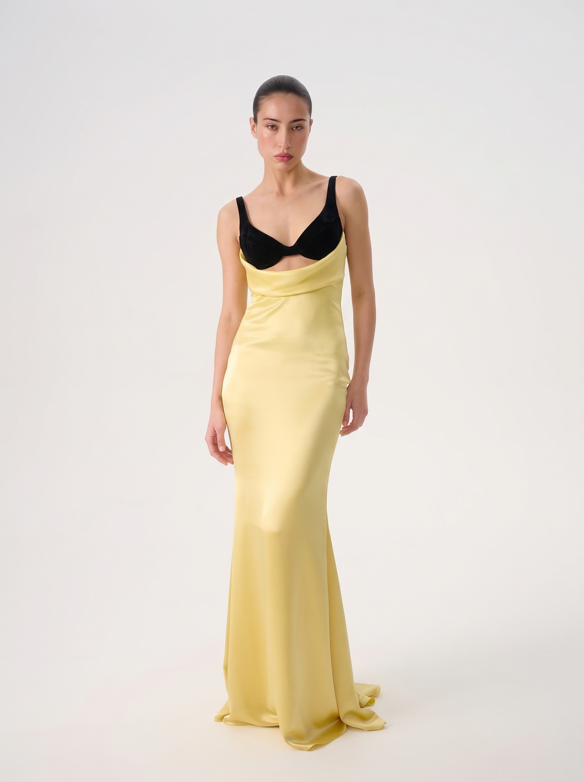 Satin and velvet draped maxi dress