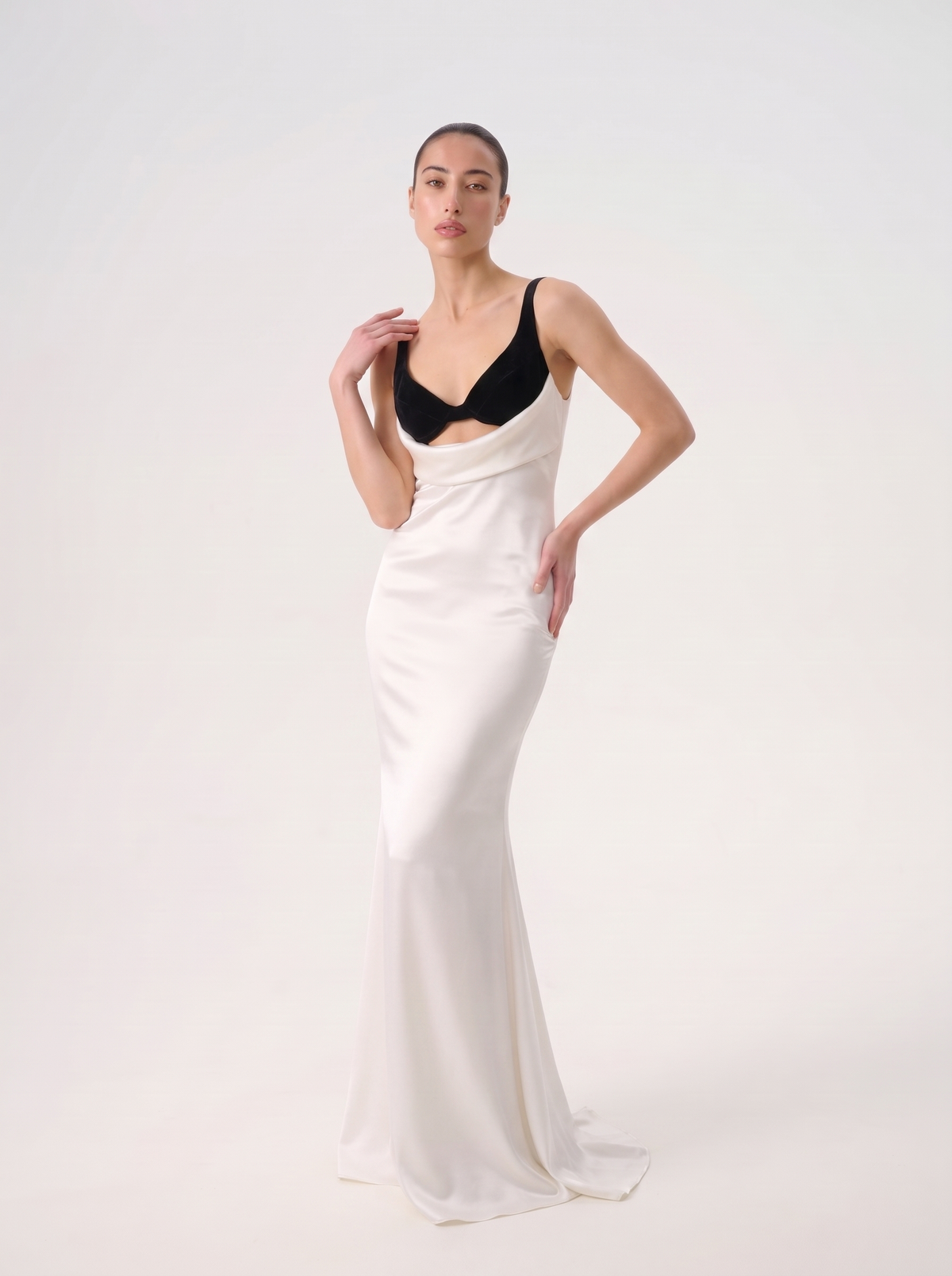 Satin and velvet draped maxi dress