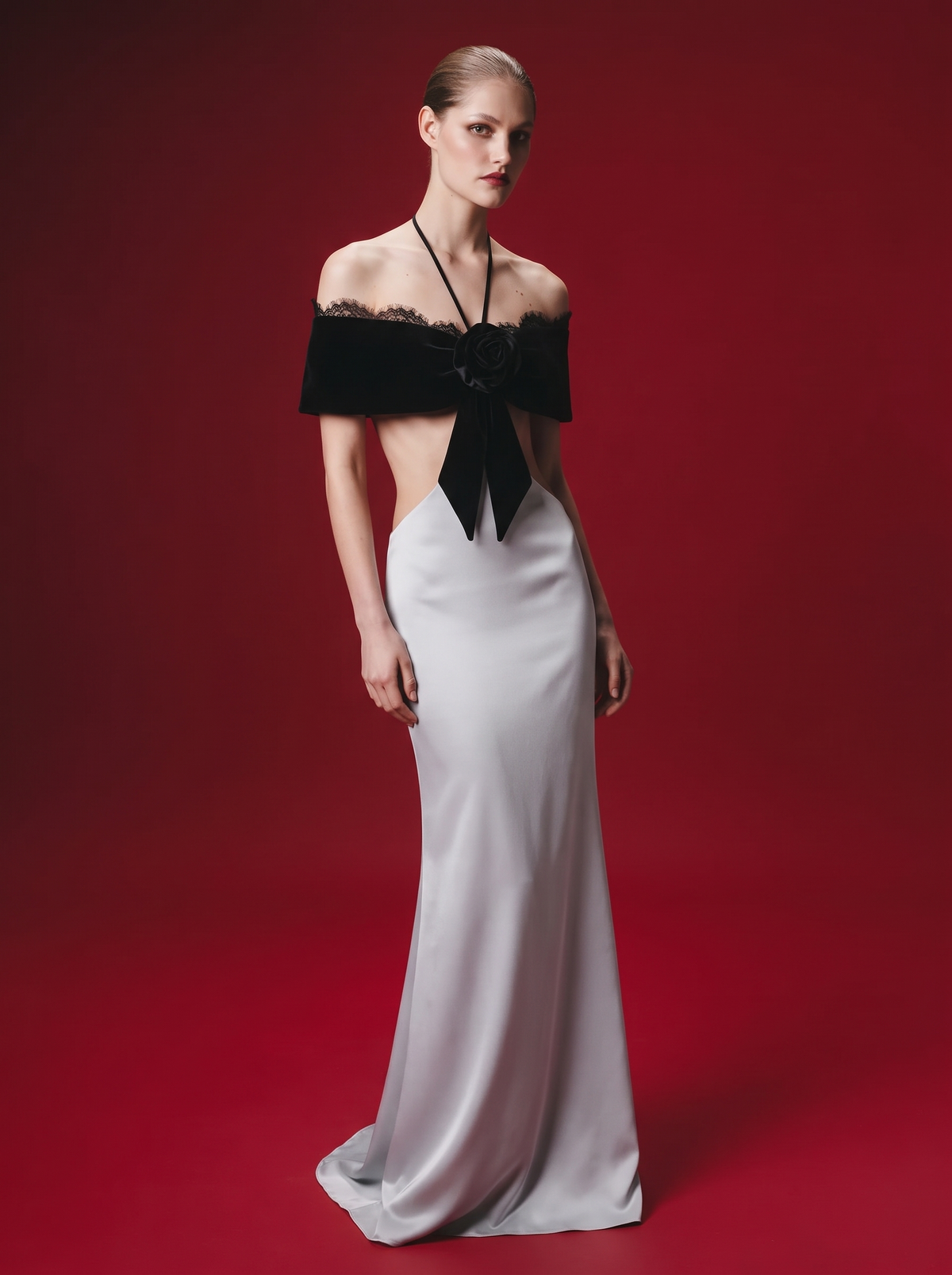 Satin and velvet maxi dress with a flower