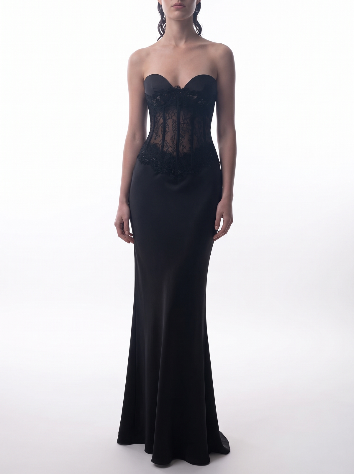 Crepe and lace corset maxi dress