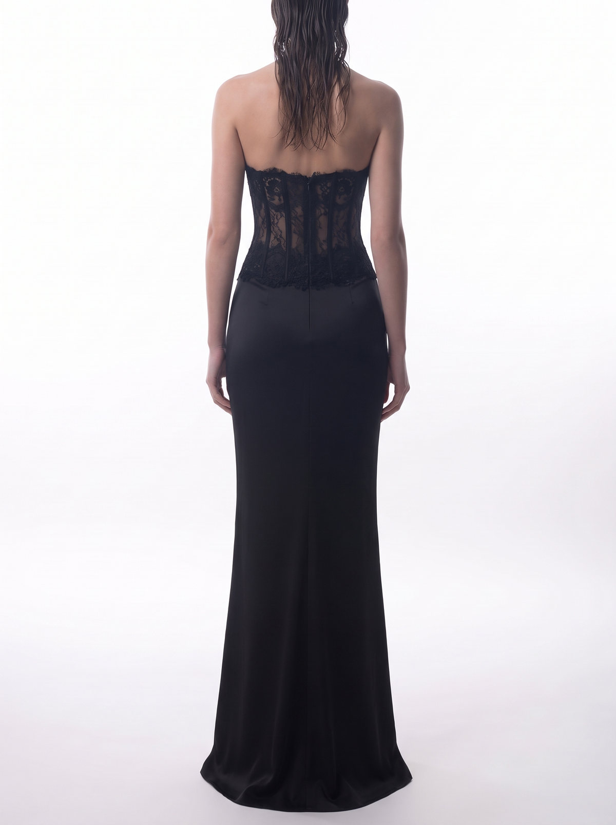 Crepe and lace corset maxi dress