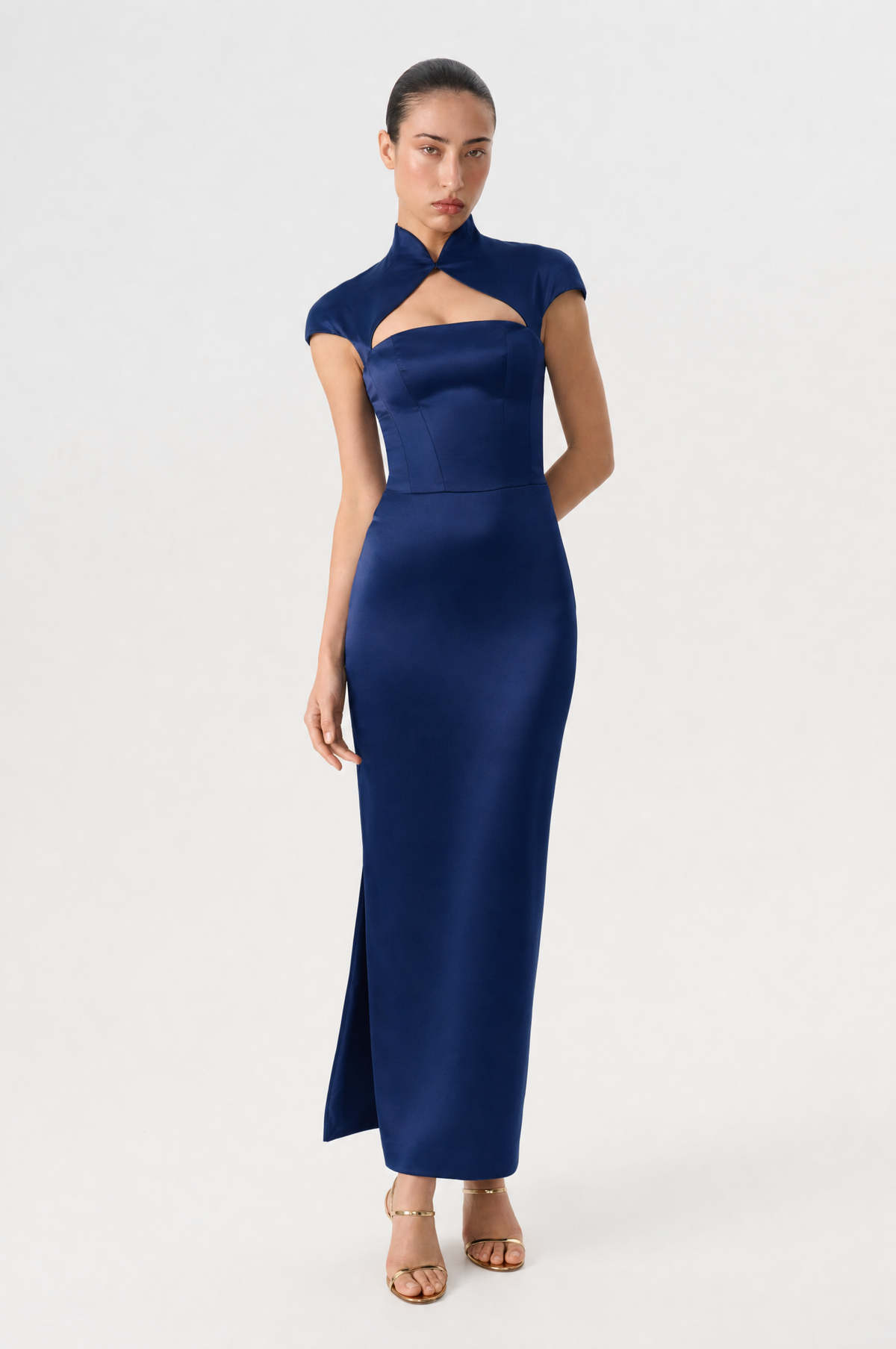 Long midi corset satin dress with a side slit