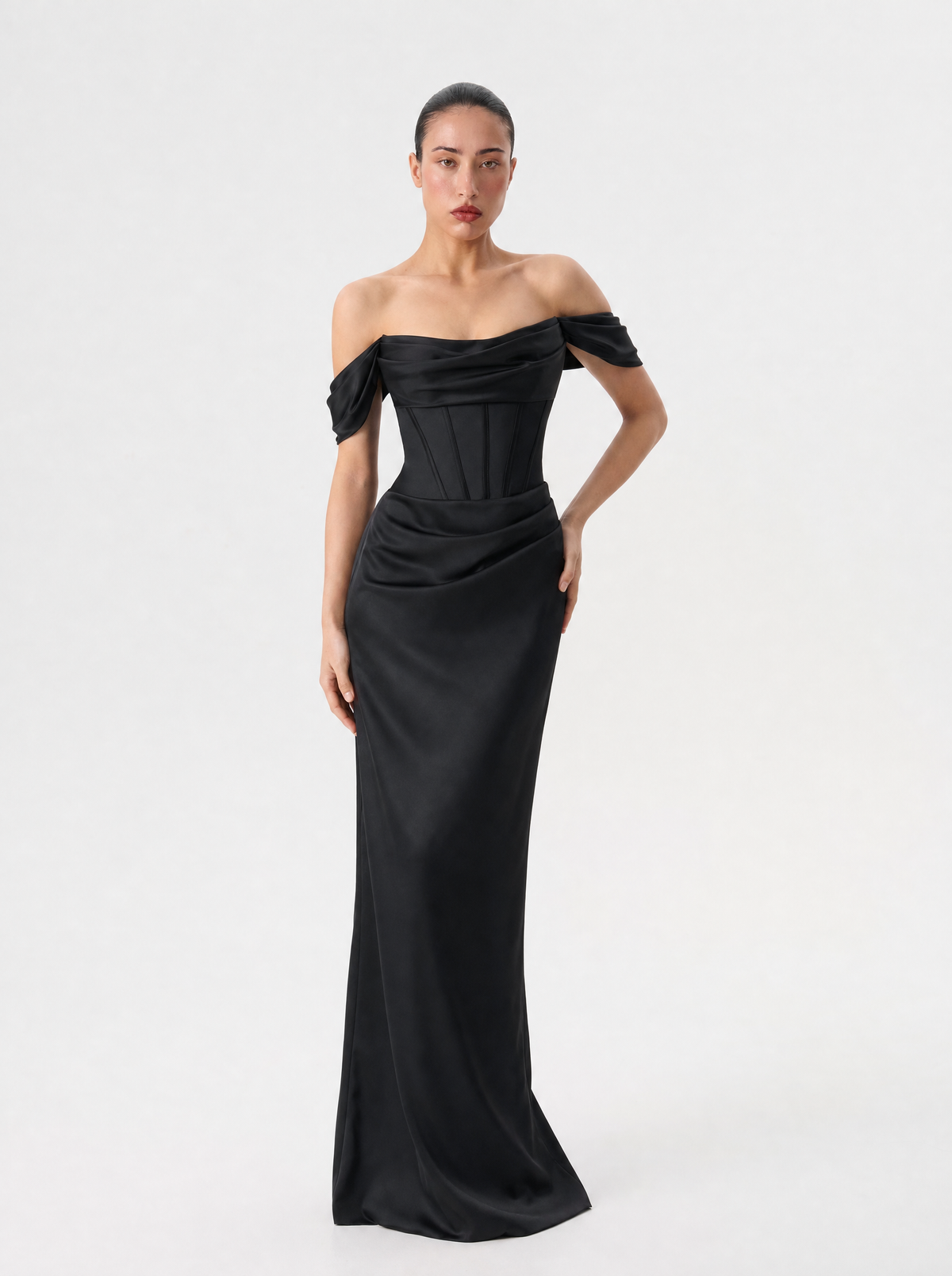 Off-the-shoulder draped corset satin gown