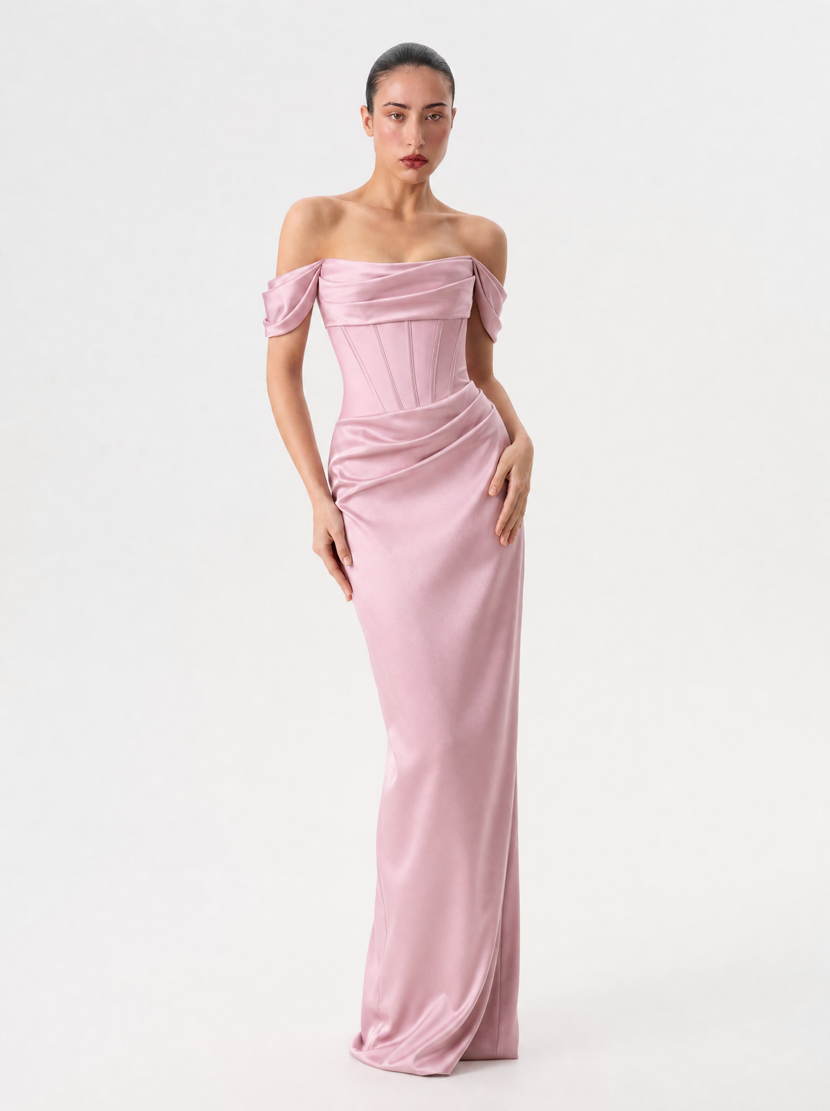 Off-the-shoulder draped corset satin gown