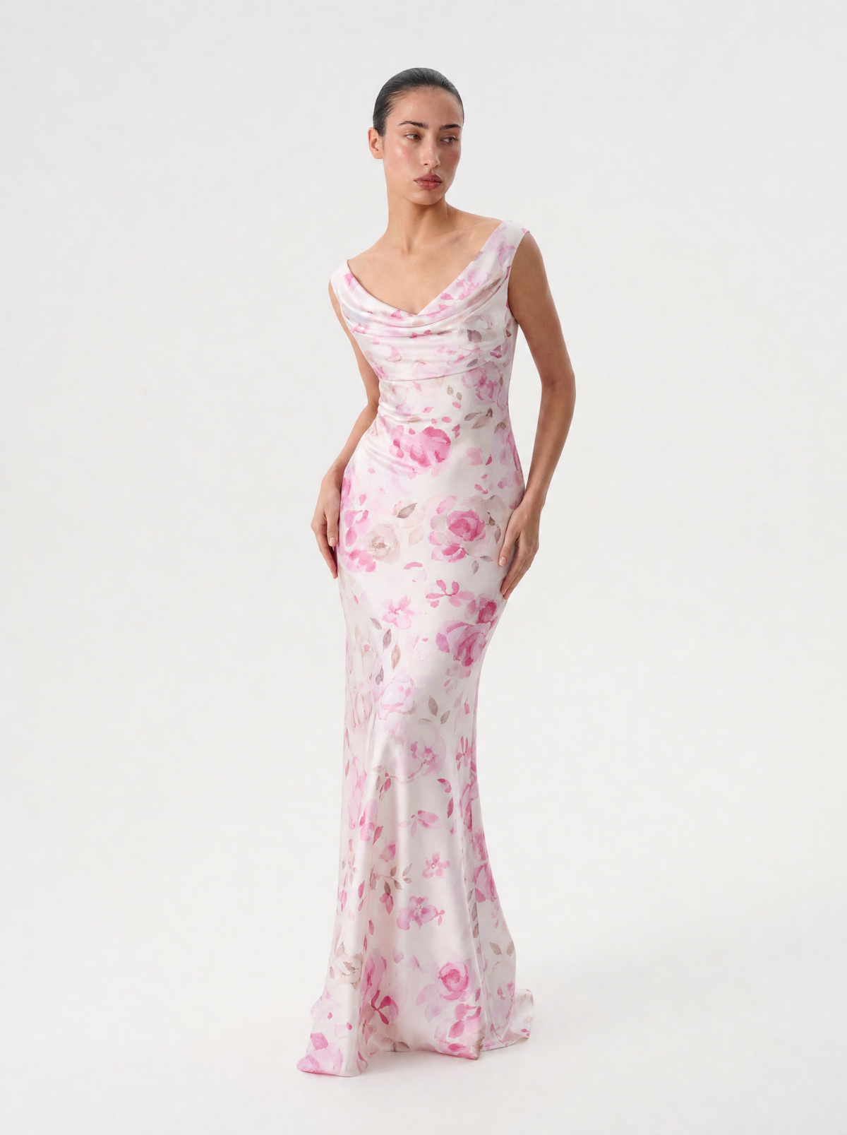 Printed satin draped maxi dress