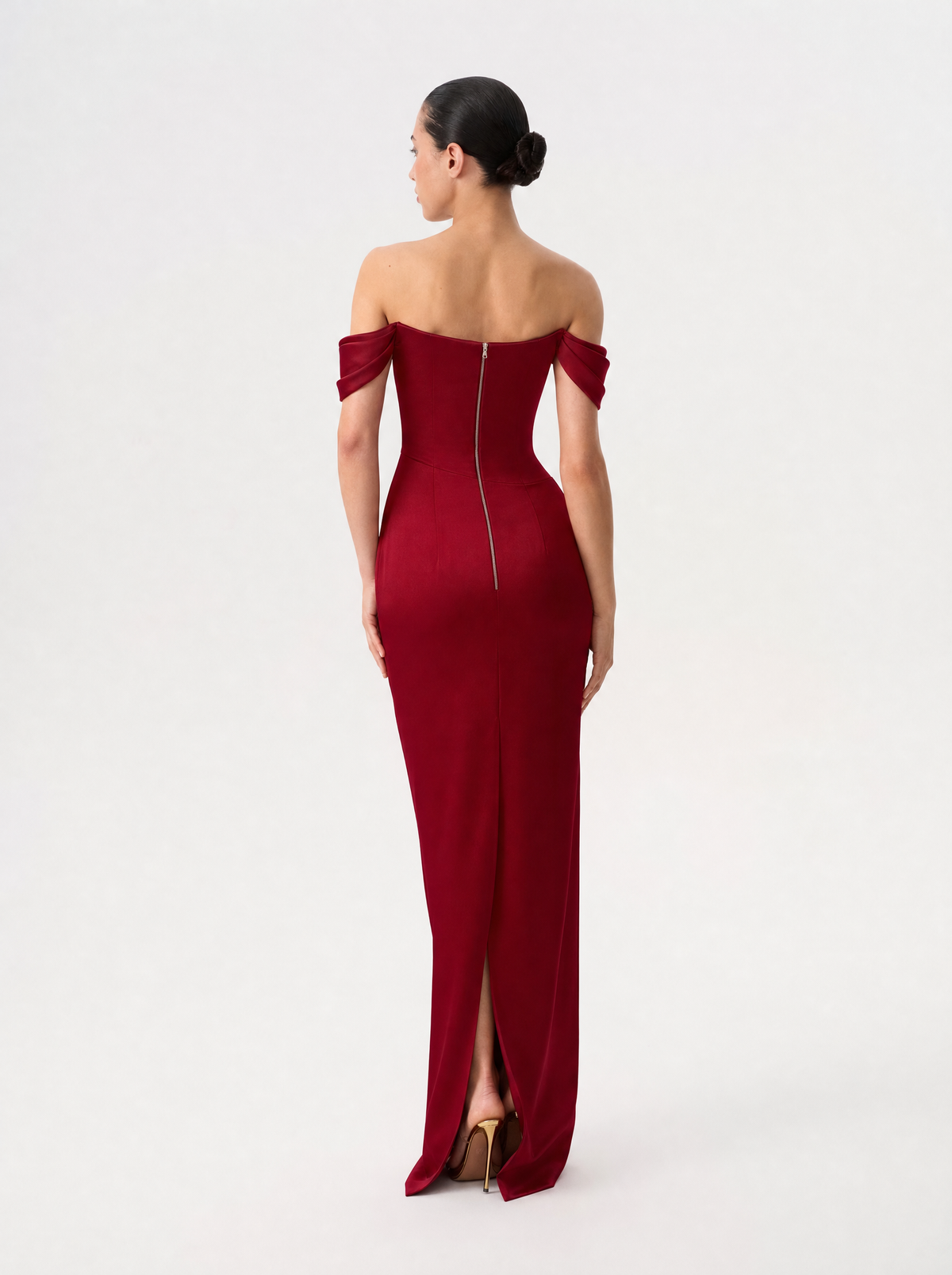 Off-the-shoulder draped corset satin gown