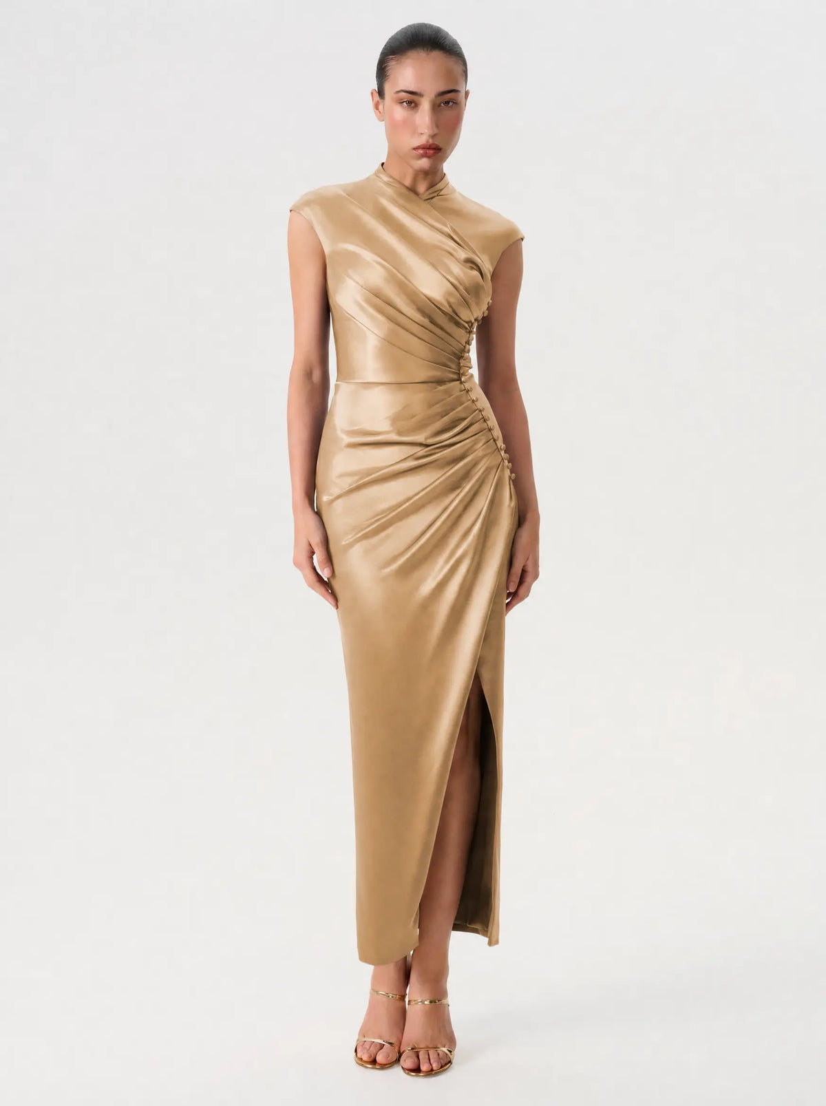 Button-embellished draped satin midi dress