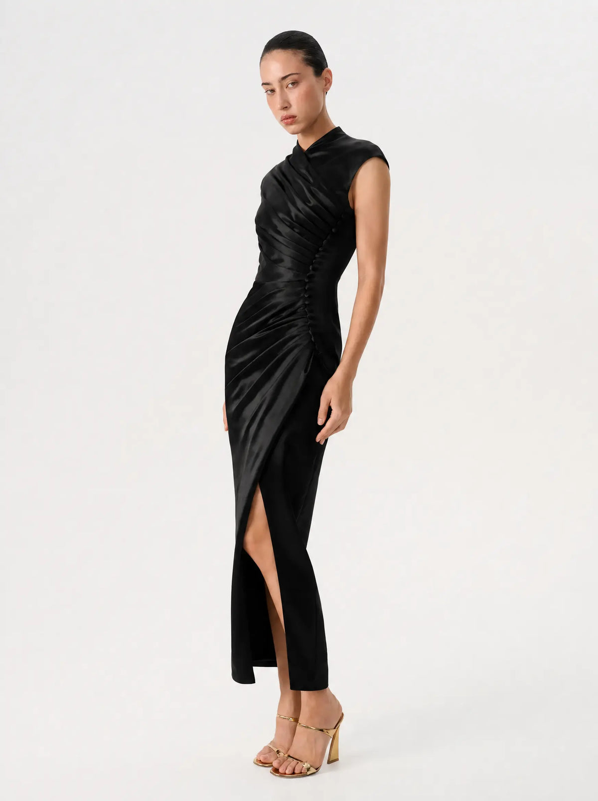 Button-embellished draped satin midi dress