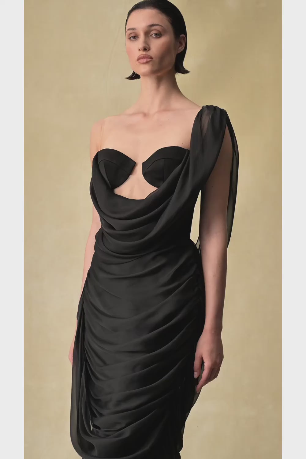 Viscose and silk corset maxi dress with draping – Rasario
