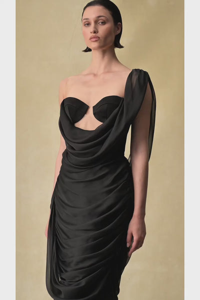 Viscose and silk corset maxi dress with draping – Rasario