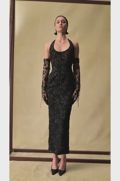 Sequin chiffon midi dress with halter neckline – Rasario