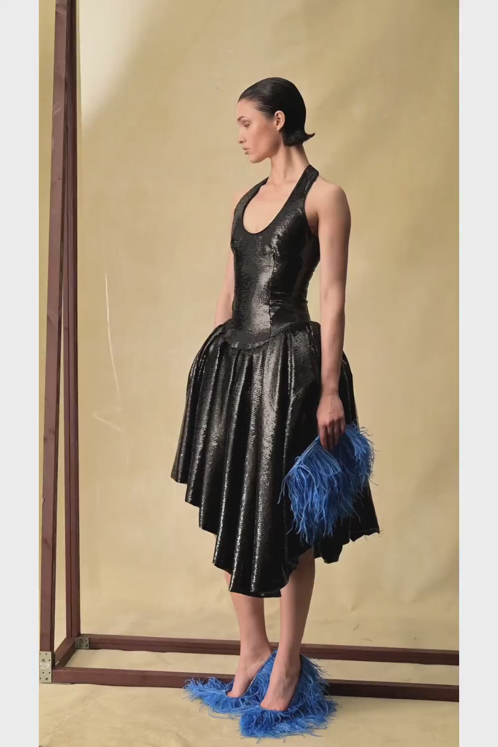 Sequin midi dress with asymmetric voluminous skirt – Rasario