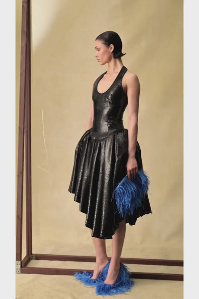 Sequin midi dress with asymmetric voluminous skirt – Rasario
