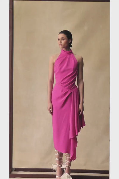 Viscose crepe midi dress with draping – Rasario
