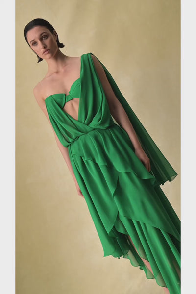 Chiffon asymmetric maxi dress with draping – Rasario