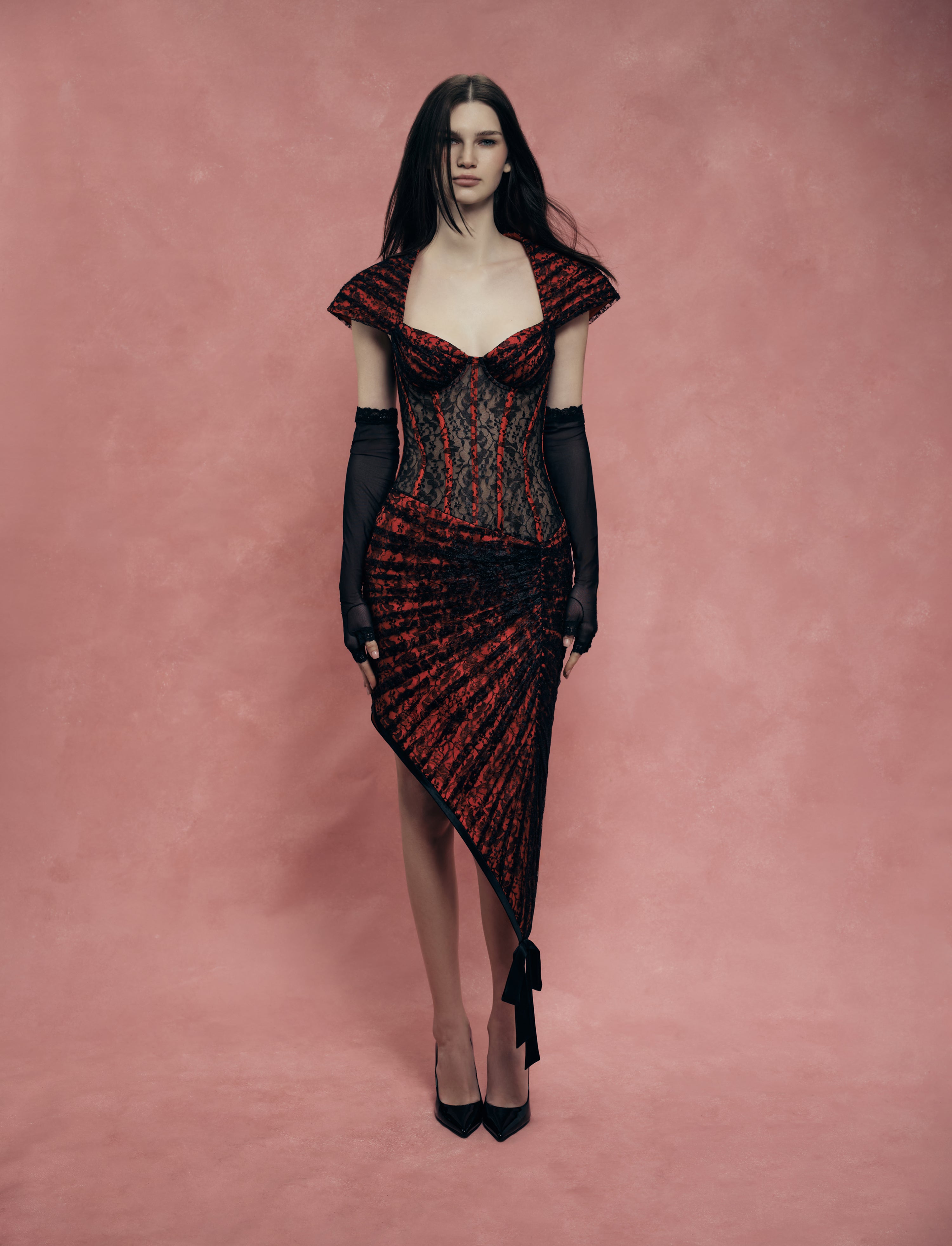 Lace midi dress with a shaped neckline