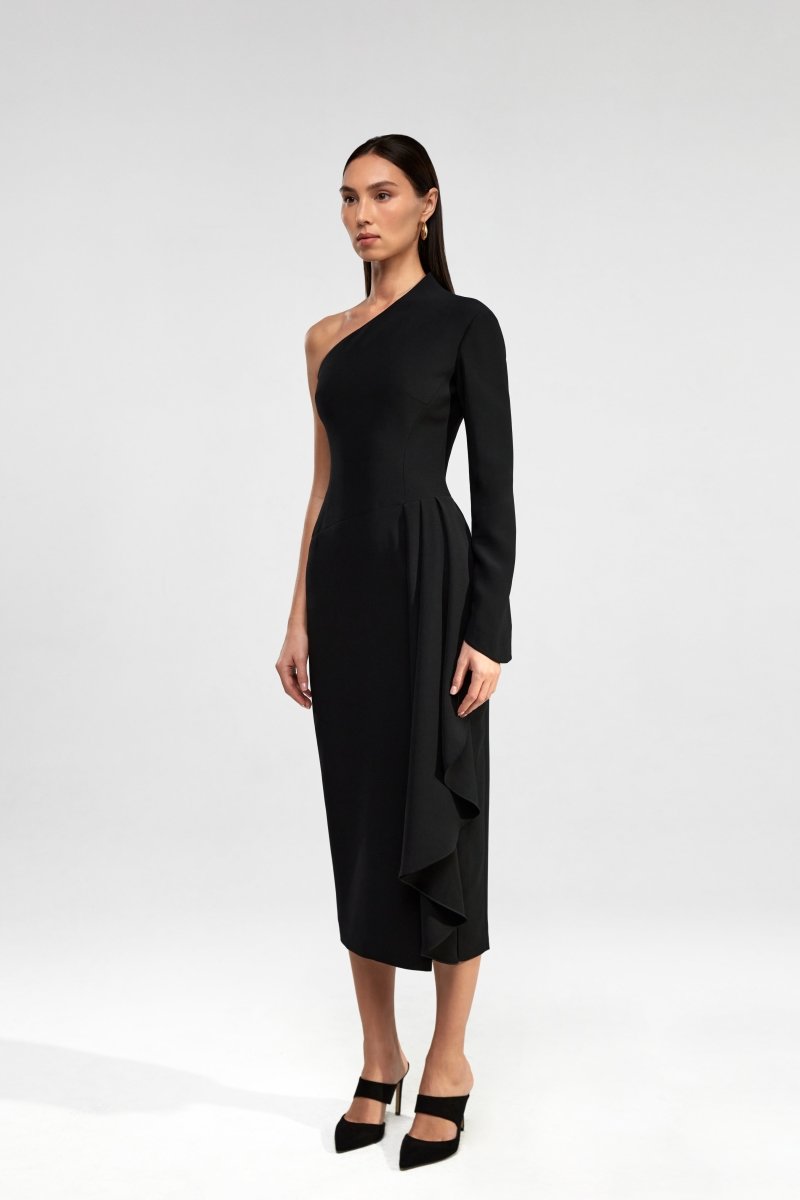 Asymmetric draped crepe midi dress – Rasario