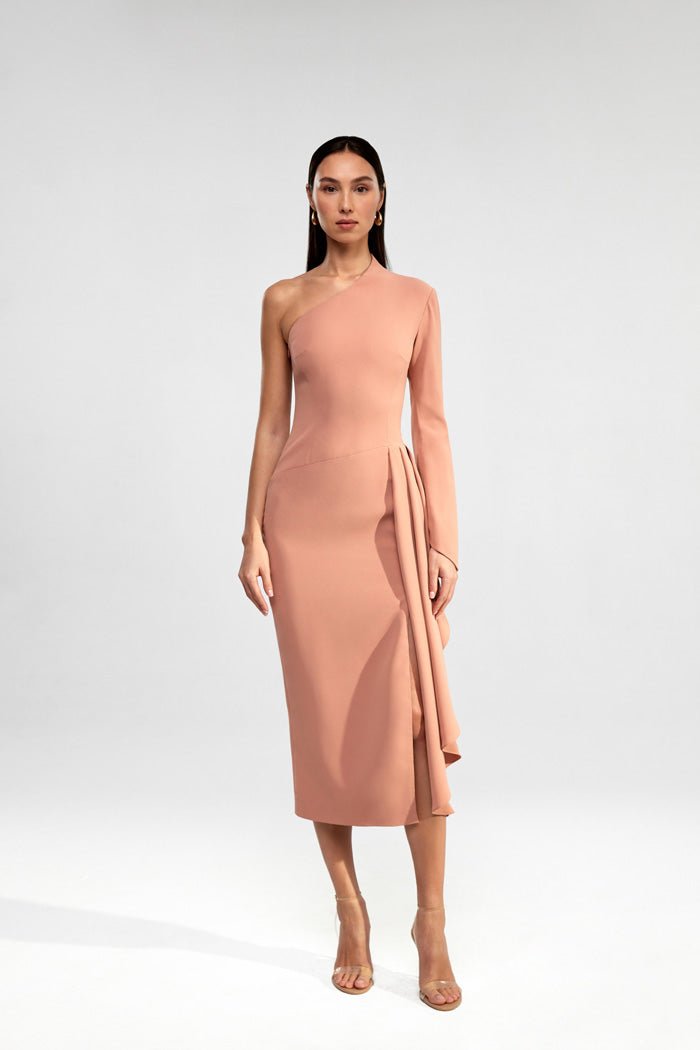 Asymmetric draped crepe midi dress – Rasario