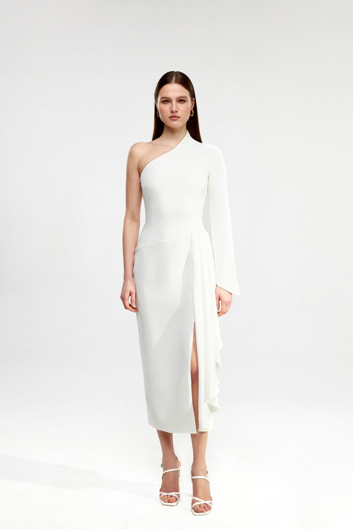 Asymmetric draped crepe midi dress – Rasario