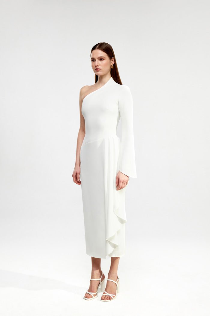 Asymmetric draped crepe midi dress – Rasario