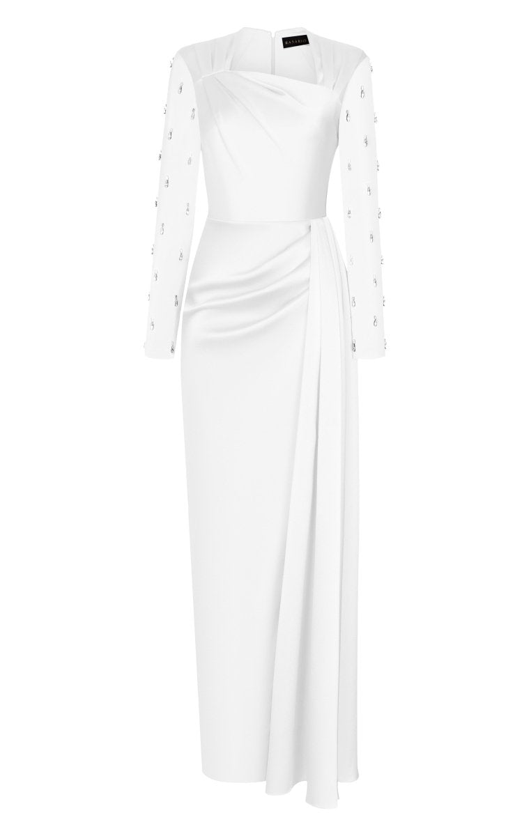 Asymmetric draped satin gown with embroidered sleeves – Rasario