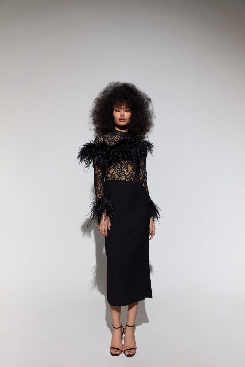 Asymmetric fringe crepe and lace midi dress – Rasario