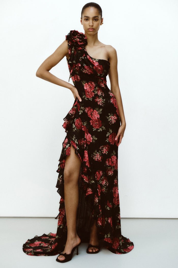 Asymmetric printed chiffon maxi dress – Rasario