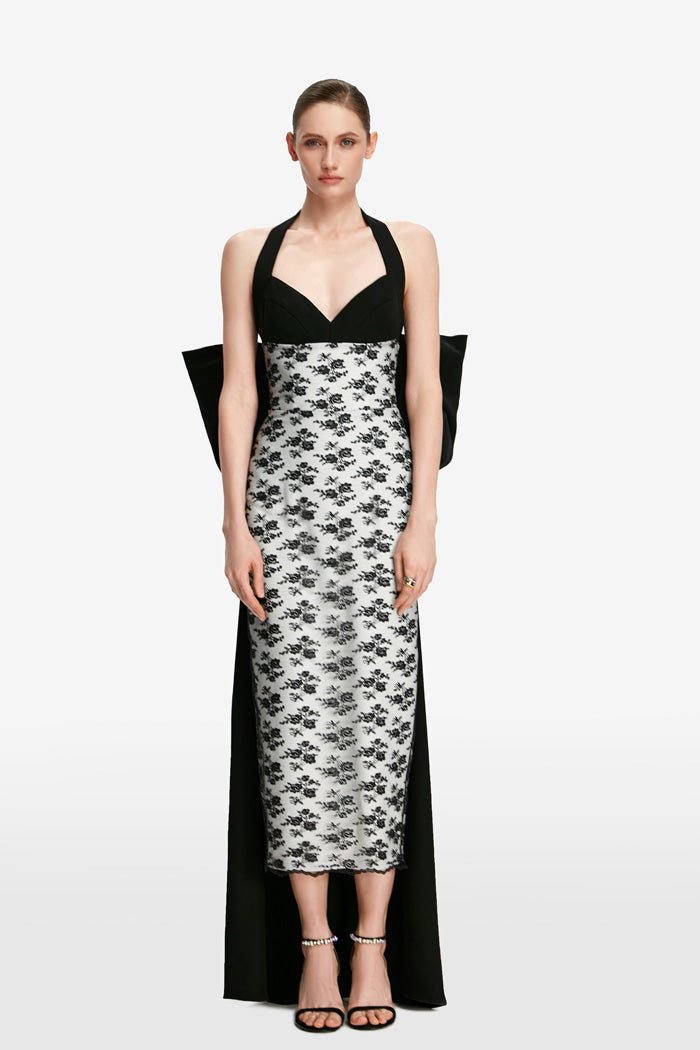 Bow-embellished crepe and lace maxi dress – Rasario