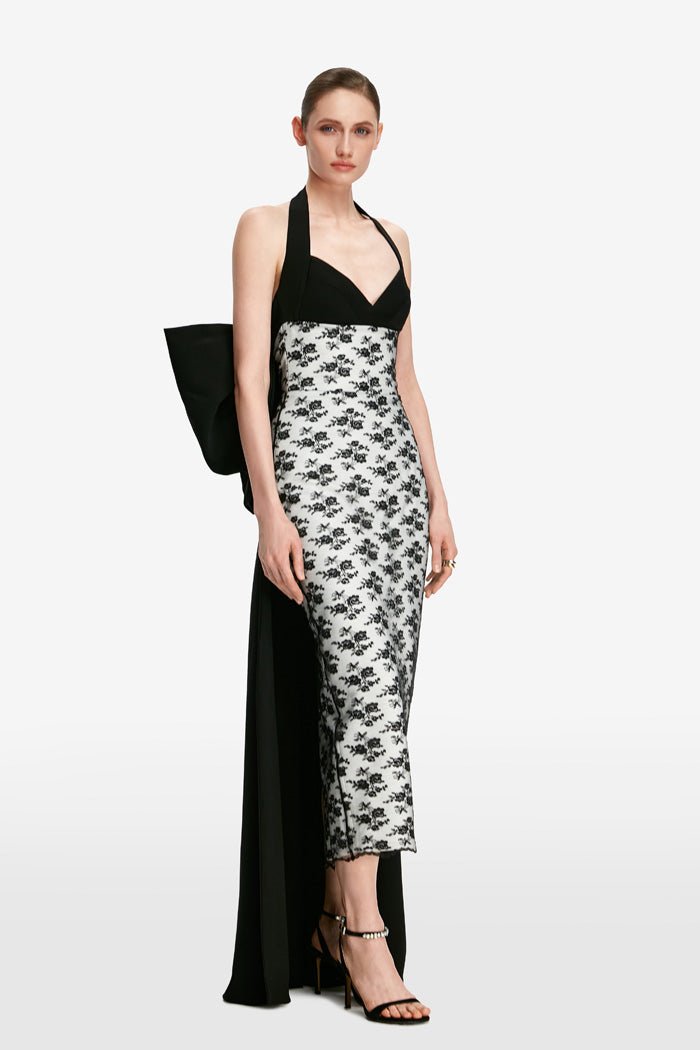 Bow-embellished crepe and lace maxi dress – Rasario