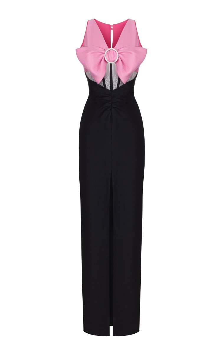 Bow-embellished draped linen and lace corset midi dress with buckle – Rasario