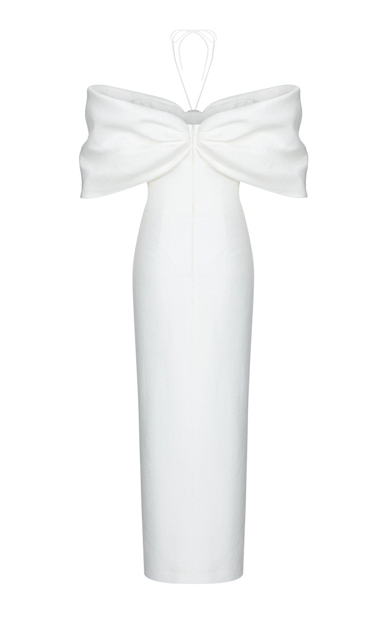 Bow-embellished draped linen corset midi dress with buckle – Rasario